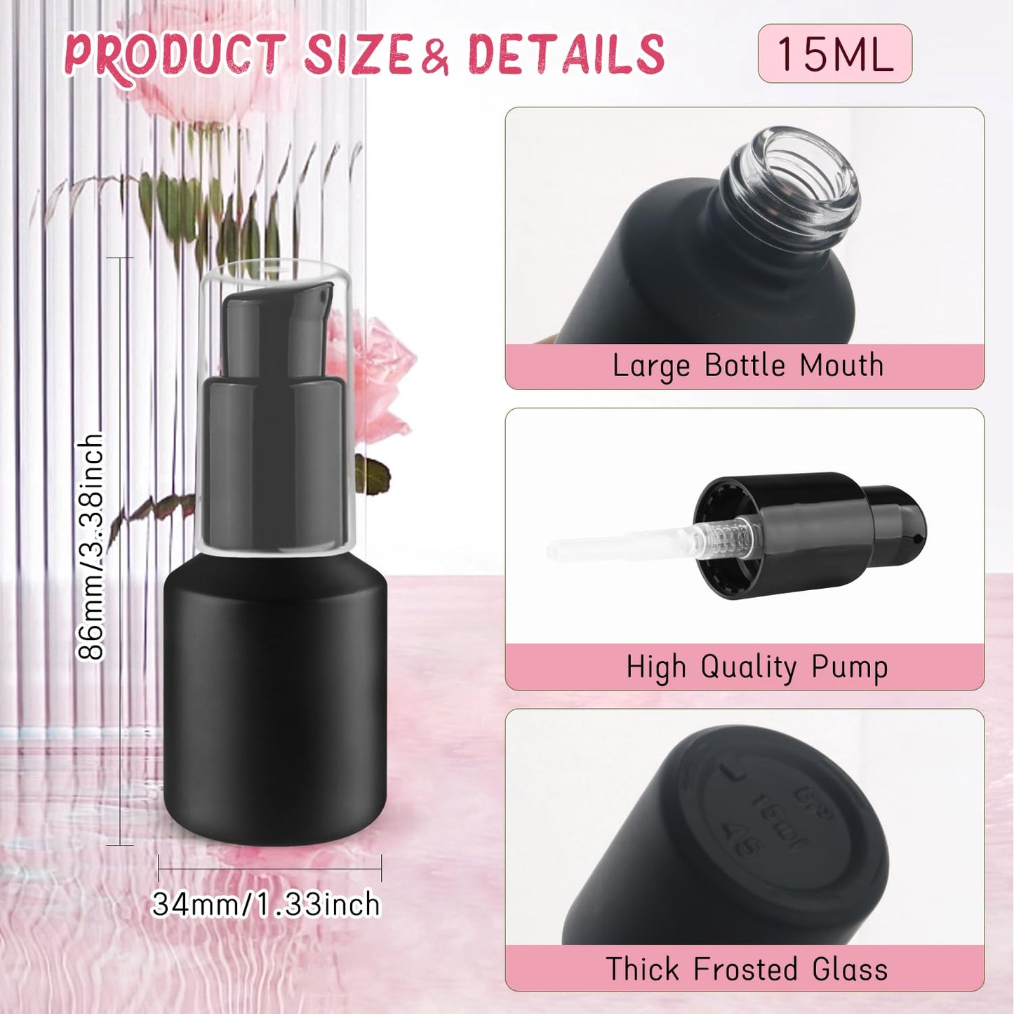 Wresty 6 Pcs Empty Glass Pump Bottles Refillable Cream Lotion Bottles Travel Sample Bottle Cosmetic Dispenser Bottle Containers For Lotion Cream Emulsion Essence (Black, 15ml/0.5oz)