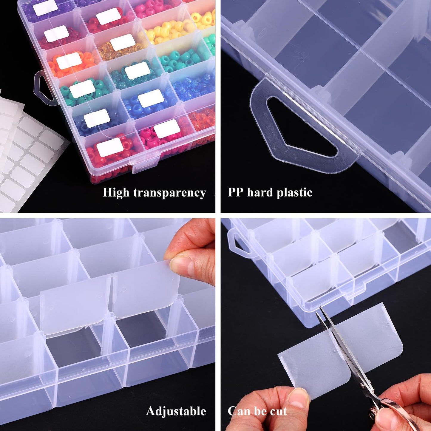 OUTUXED 4 Pack 36 Grids Plastic Bead Organizer Box with Dividers, Clear Craft Tackle Box Parts Storage Containers with Compartments for Jewelry Fishing Tackle Art DIY with 5 Sheets Label Stickers