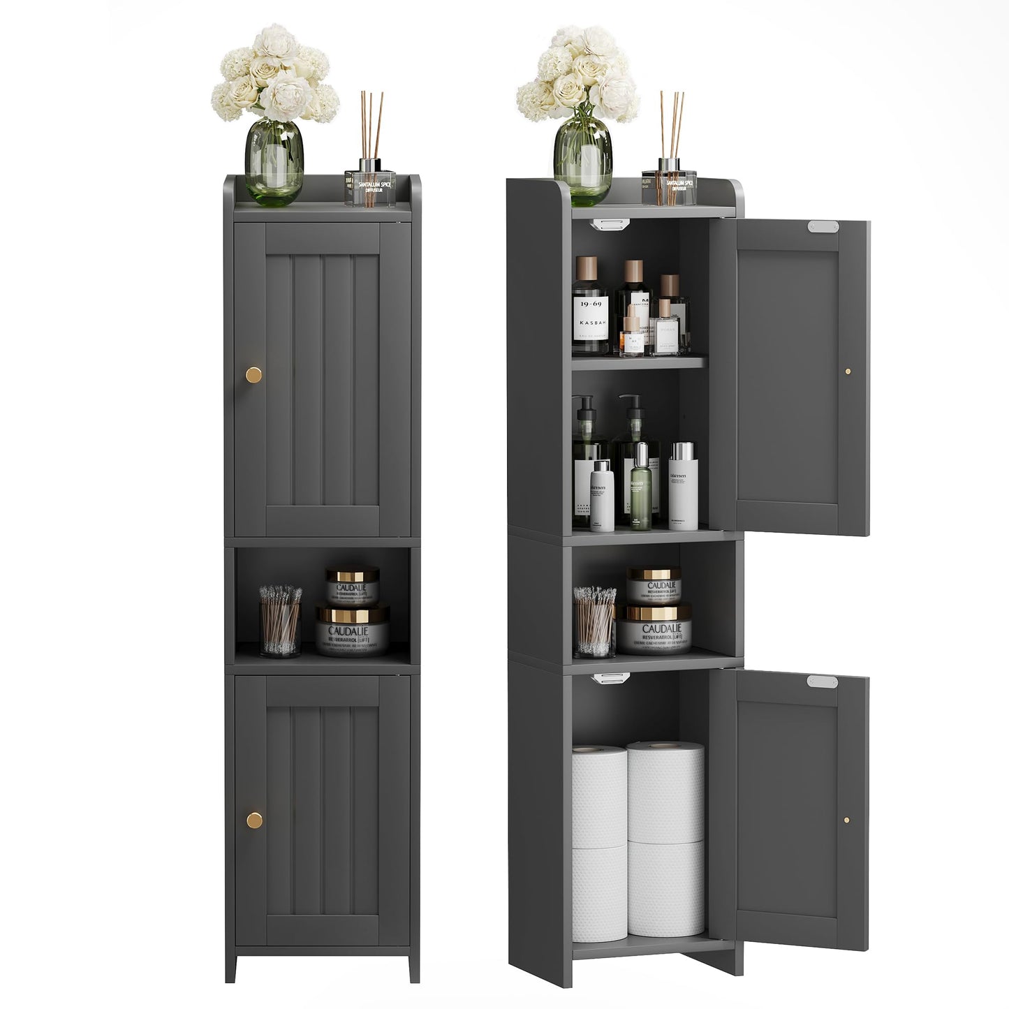 GLANZALANT Bathroom Cabinet with 2 Doors, 7.3 x 9.8 x 40.4 Inches, Small Freestanding Storage Cabinet with Adjustable Shelf, Floor Cabinet for Small Spaces, Bathroom, Entrances, Kitchen, Black