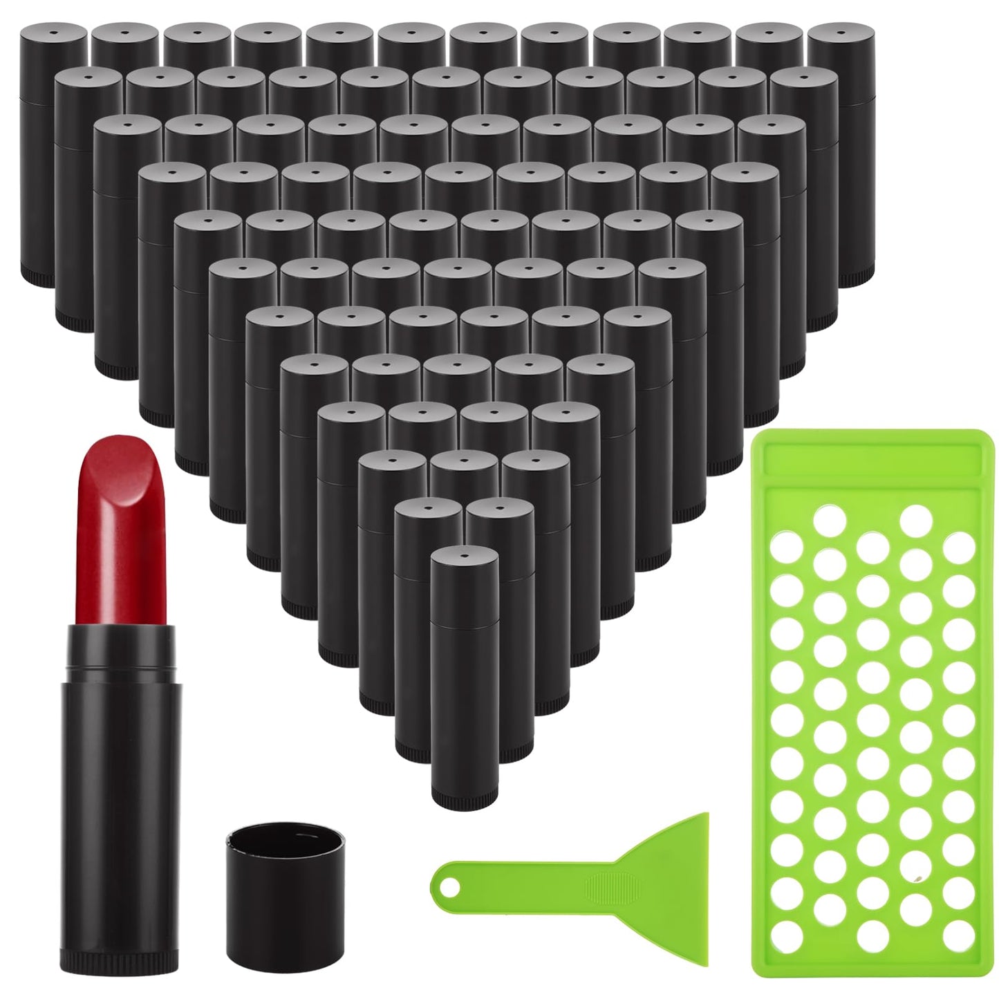 LANIAKEA 150PCS Lip Balm Tubes with Filling Tray and Spatula Set, Black Lip Balm Containers with Black Caps, Empty Chapstick Tubes Bulk for DIY Lipstick Homemade 3/16 Oz (5.5 ml)