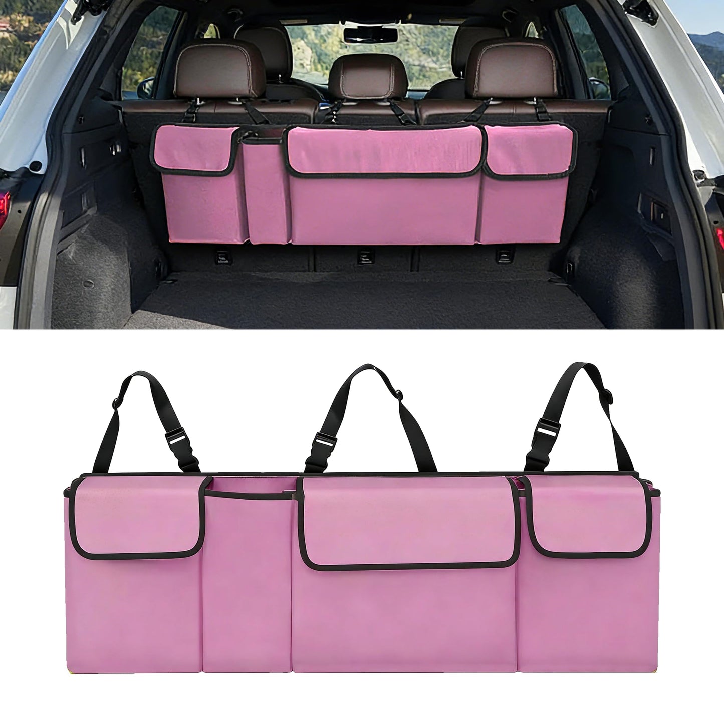 Gilovc Car Trunk Organizer, Waterproof Backseat Hanging Large Storage with Adjustable Straps, Collapsible Cargo Bag with 4 Pockets, Car Interior Accessories for Truck, SUV, MPV (Pink)