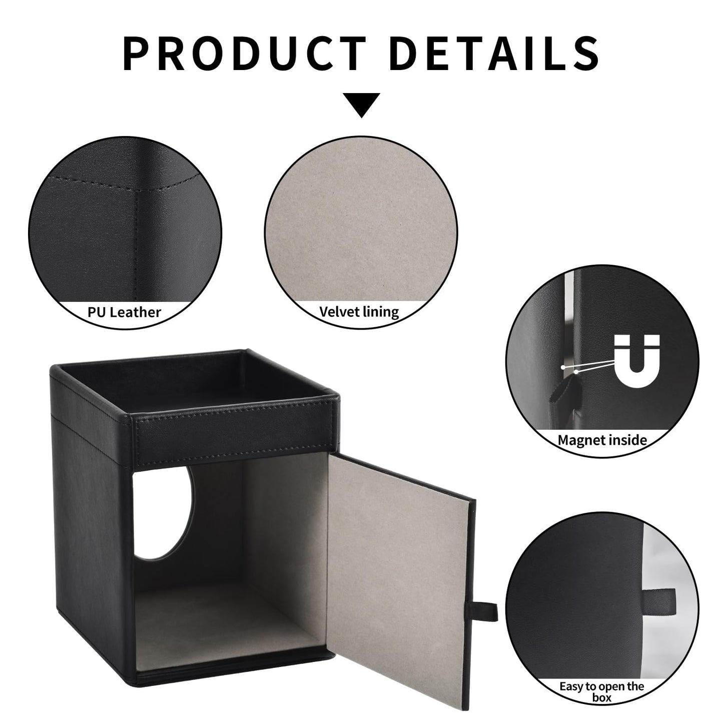 XNONE Tissue Box Cover Square Tissue Box Holder PU Leather Facial Tissues Organizer with Storage Tray for Bathroom Vanity Bedroom Office Car, Stylish Napkin Caddy Decorative Organizer (Black)