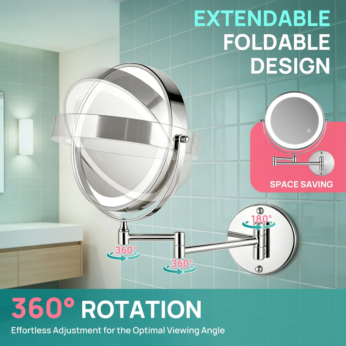 SANFANGIE Wall Mounted Lighted Makeup Mirror: 3000mAh Rechargeable Double Sided 1X/30X Magnifying Mirror with Light for Bathroom, 3 Color Lighting, Touch Screen Dimming, Extended Arm 360 Rotation