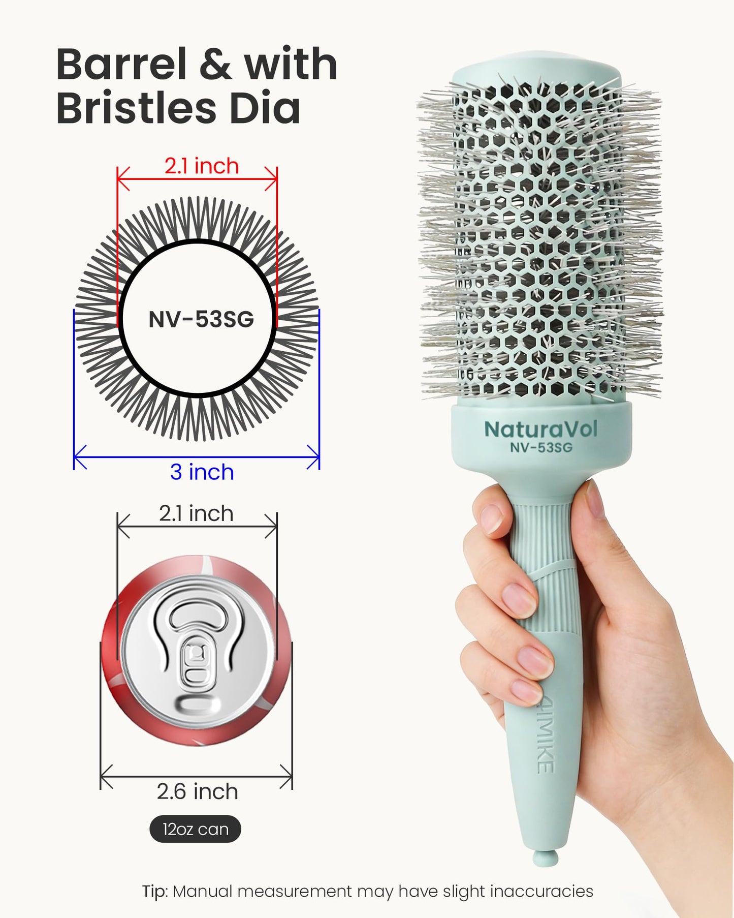 AIMIKE NaturaVol Round Brush for Blow Out, Large Round Hair Brush with Nano Thermal Ceramic Tech, for Fine Hair-Friendly Blow Drying & Styling at Home, Maximum Volume Shine-2.1" Barrel, 3" w/Bristle