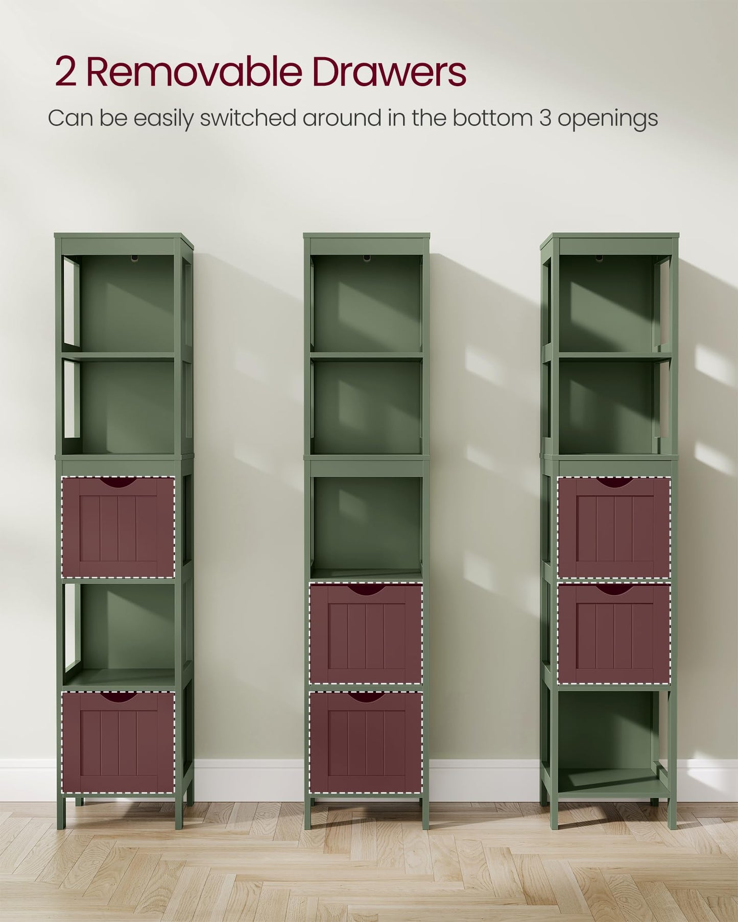 VASAGLE Storage Cabinet, Storage Organizer Rack Stand for Bathroom, Living Room, Multifunctional Corner Unit, 2 Drawers, 55.7 Inches in Height, Forest Green UBBC066C01