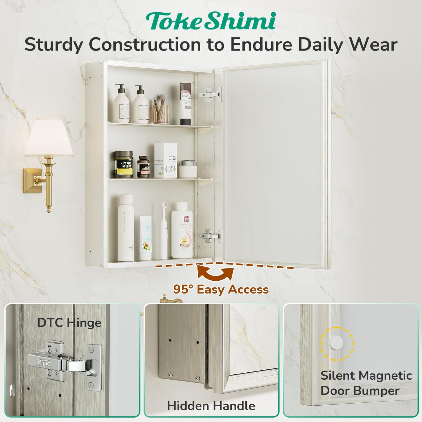 TokeShimi 14 x 24 Brushed Nickel Recessed Medicine Cabinet with Mirror, Assembly Required, Bathroom Medicine Cabinet with Mirror, Stepless Adjustable Shelves, Beveled Aluminum Frame, DTC Hinge