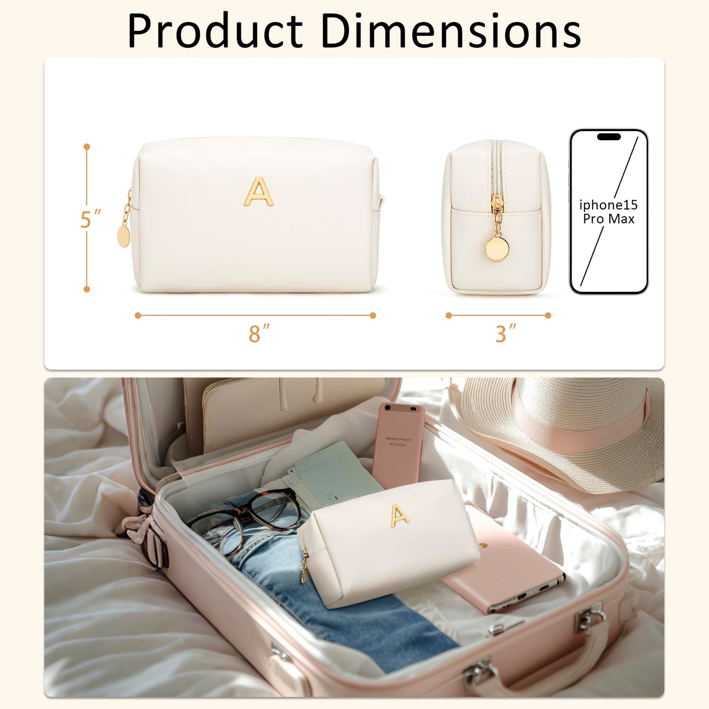 CLOUDWINGS Gifts for Women Bridesmaid Gifts Personalized Initial Makeup Bag PU Leather Cosmetic Waterproof Travel Toiletry Bag (Beige A)