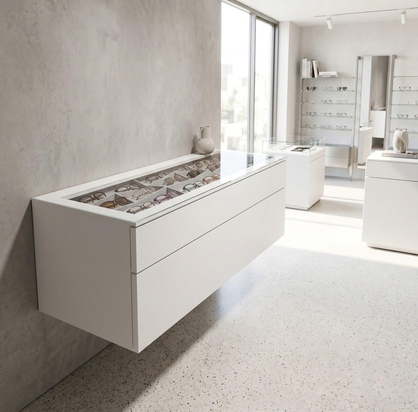 FD FRAME DISPLAYS.COM Optical Display Cabinet – Freestanding or Wall Mount – Glass Top, Storage Drawer – Wood & Glass – Optical Retail Store (Large)
