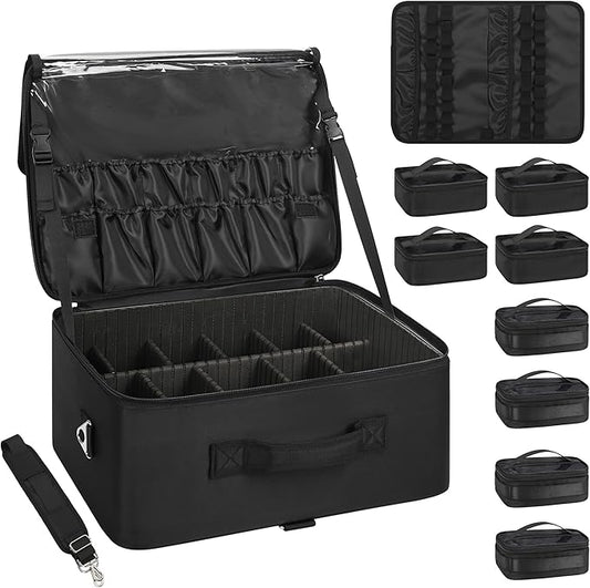 Relavel Extra Large Makeup Case Professional Cosmetic Storage Organizer Box Brush Holder with 8 Clear Set Bags & Lipstick Plate for Makeup Artists with Shoulder Strap & Adjustable Dividers