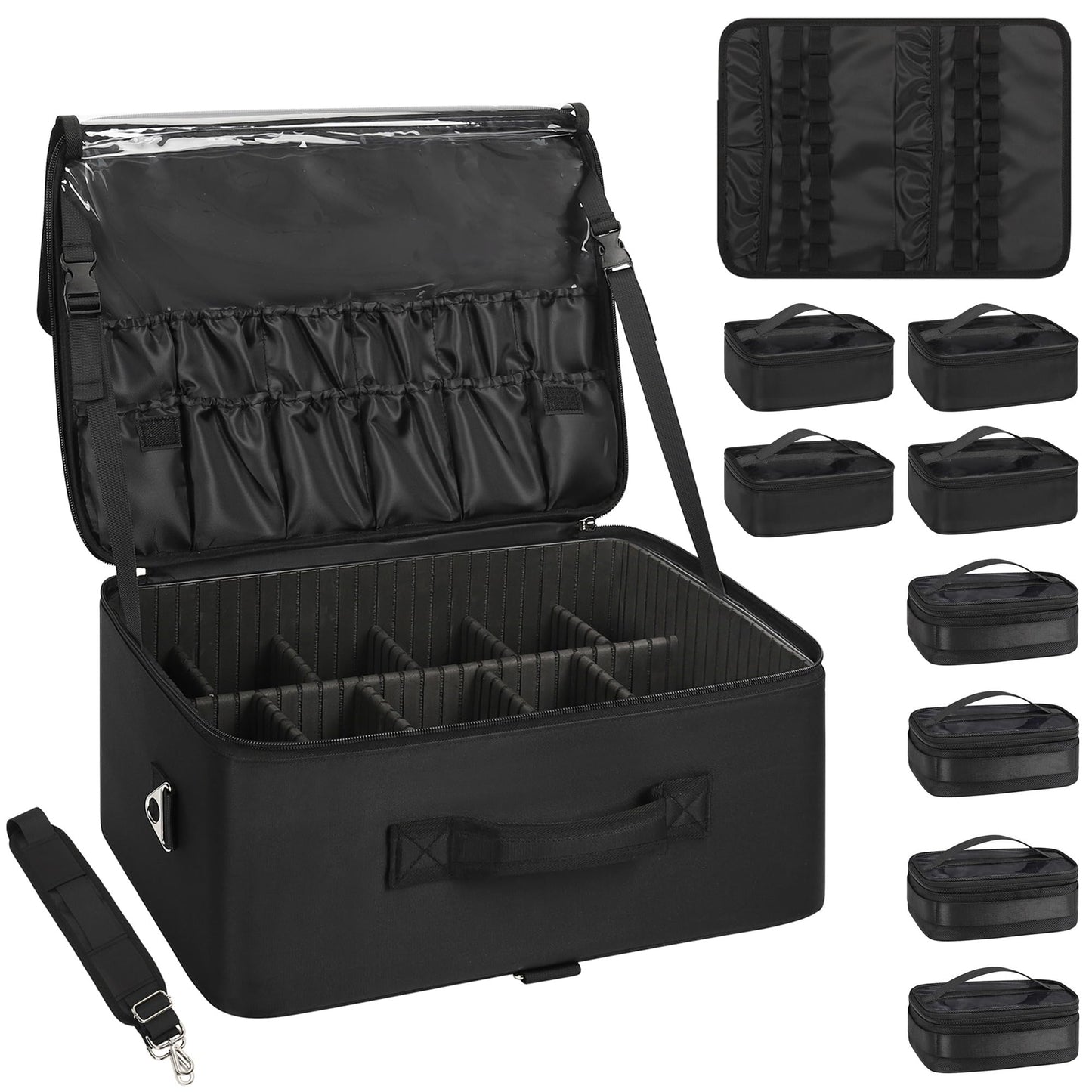 Relavel Extra Large Makeup Case Professional Cosmetic Storage Organizer Box Brush Holder with 8 Clear Set Bags & Lipstick Plate for Makeup Artists with Shoulder Strap & Adjustable Dividers