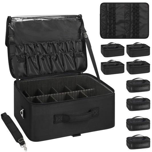 Relavel Extra Large Makeup Case Professional Cosmetic Storage Organizer Box Brush Holder with 8 Clear Set Bags & Lipstick Plate for Makeup Artists with Shoulder Strap & Adjustable Dividers