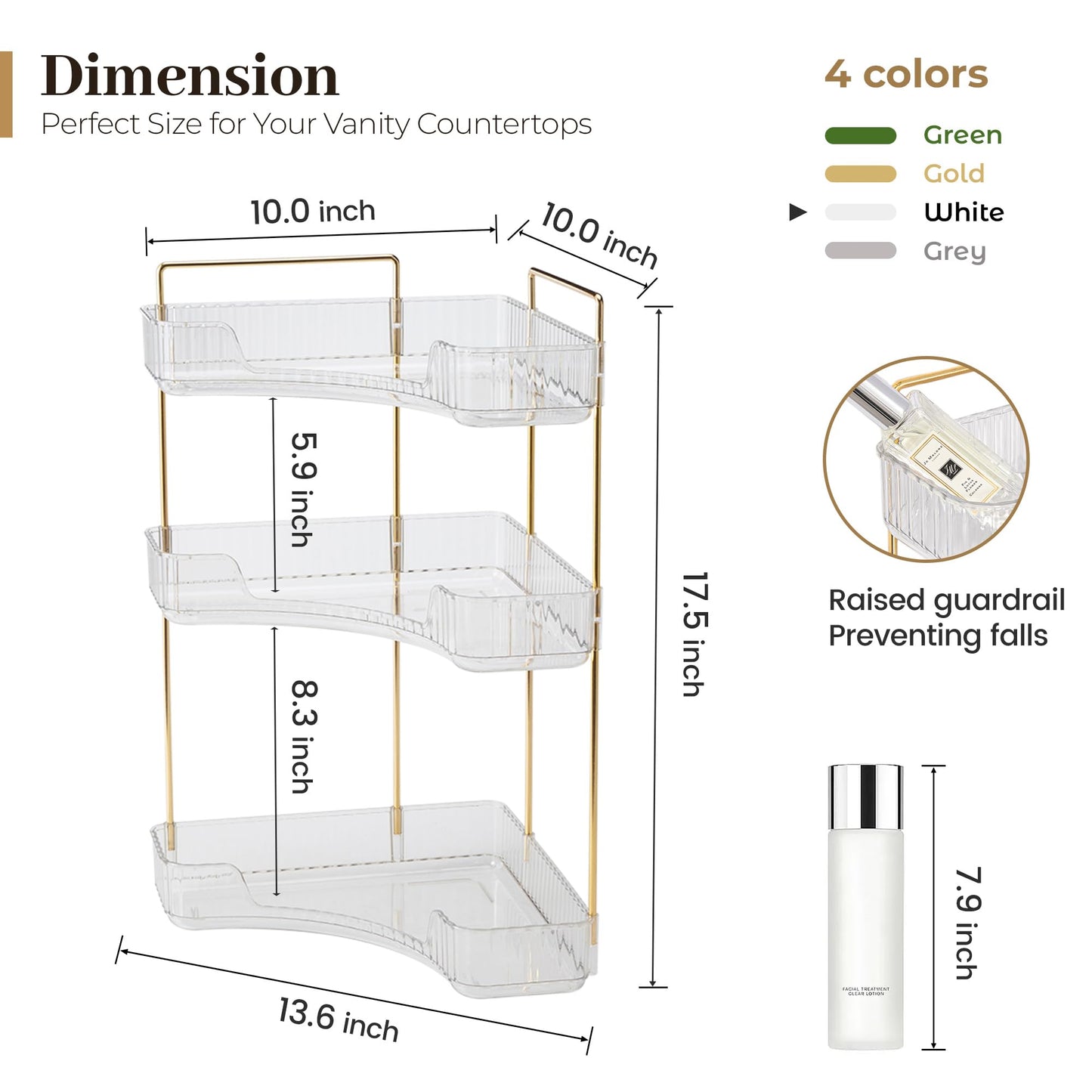 Aveniee Corner Bathroom Counter Organizer, Bathroom Countertop Shelf Makeup Storage, Clear Perfume Tray Holder (3 Tiers, White)