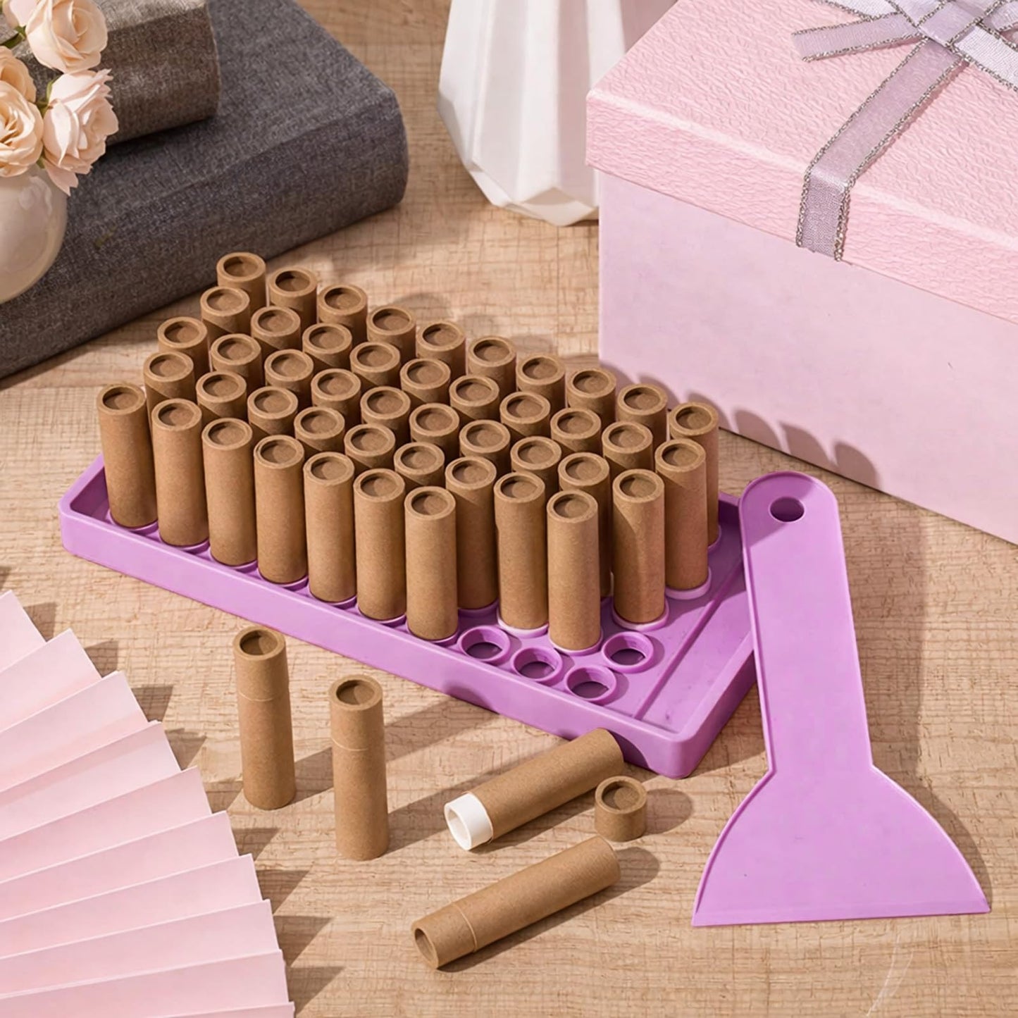 Fuyoooo 50 Pcs Paperboard Lip Balm Tubes with Filling Tray and Spatula Set, 0.176 Oz/5g Empty Cardboard Lipstick Tubes for Lip Gloss Container DIY for Lipstick Gloss Deodorant Solid Perfume (Cowhide)