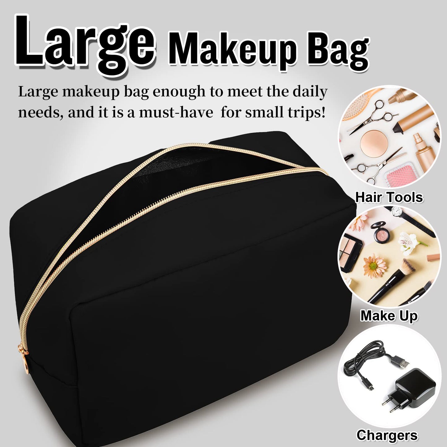 Nylon Large Makeup Bag Travel Pouch for Women, Preppy Big Black Makeup Bag Cute Cosmetic Zipper Pouch Purse, DIY Chenille Letter Bag Waterproof Toiletry Bag Clutch Make Up Organizer for Girls(Black)