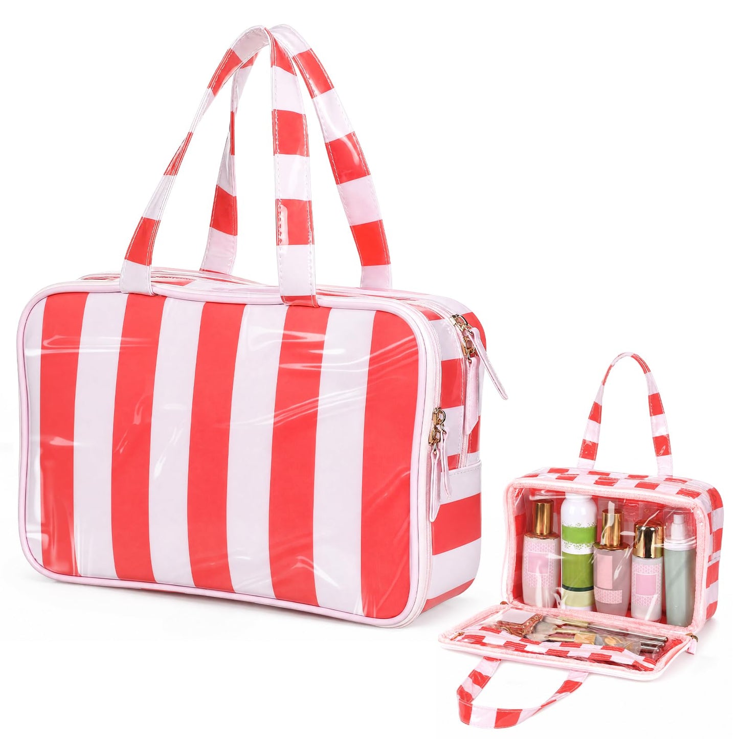 SilTriangle Travel Toiletry Makeup Bag for Women, Striped Waterproof Polyester Cosmetic Bag with Handle, Portable Organizer Case with Fold-out Compartments for Skincare, Conditioner, Brushes(Orange)