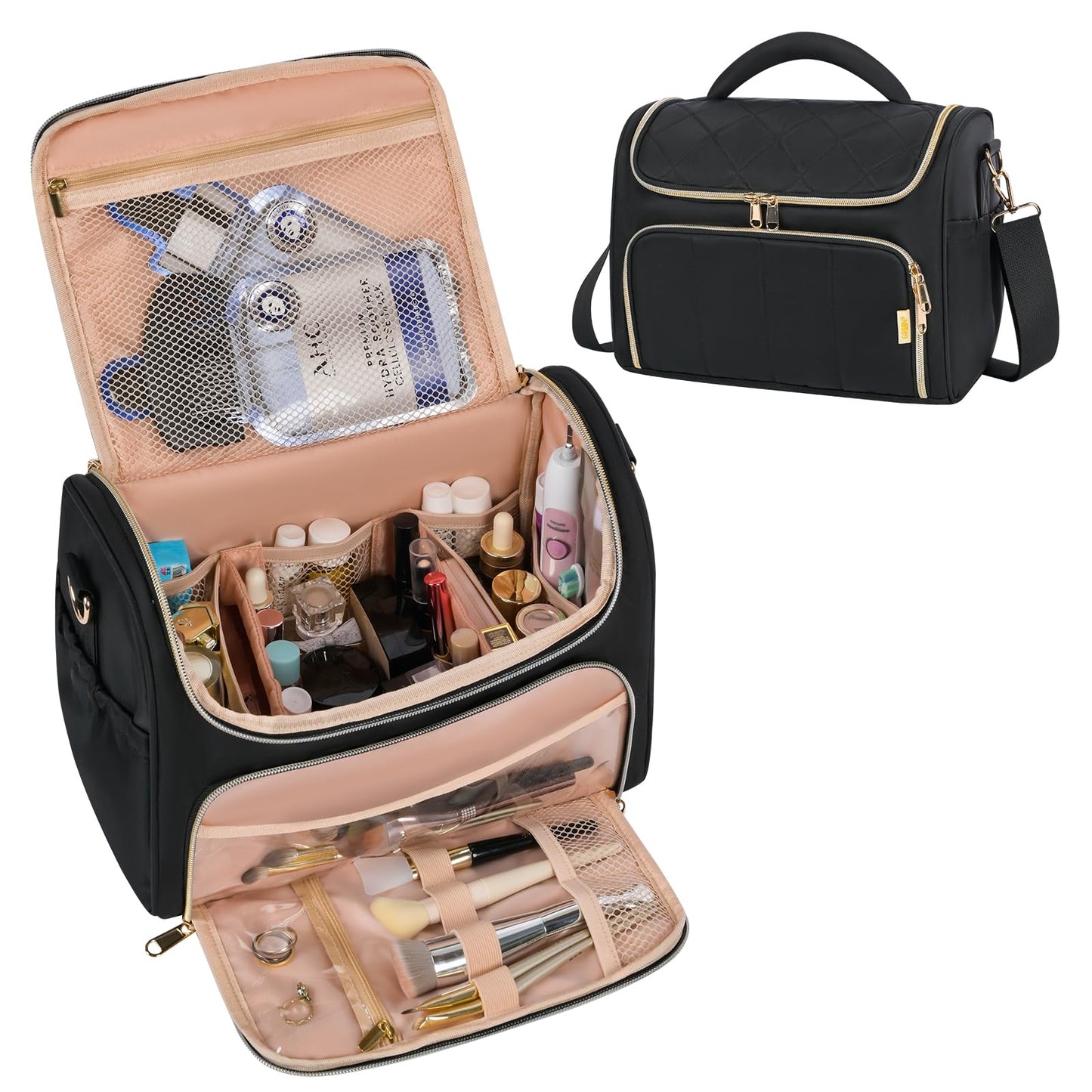 GR69N Travel Toiletry Bag Large Cosmetic Makeup Bag Organizer for Women,Wide-open Make Up Bag Waterproof Makeup Case Travel Bag with Handle and Dividers for Toiletries,Essentials,Accessories,Black