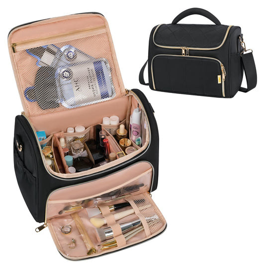 GR69N Travel Toiletry Bag Large Cosmetic Makeup Bag Organizer for Women,Wide-open Make Up Bag Waterproof Makeup Case Travel Bag with Handle and Dividers for Toiletries,Essentials,Accessories,Black