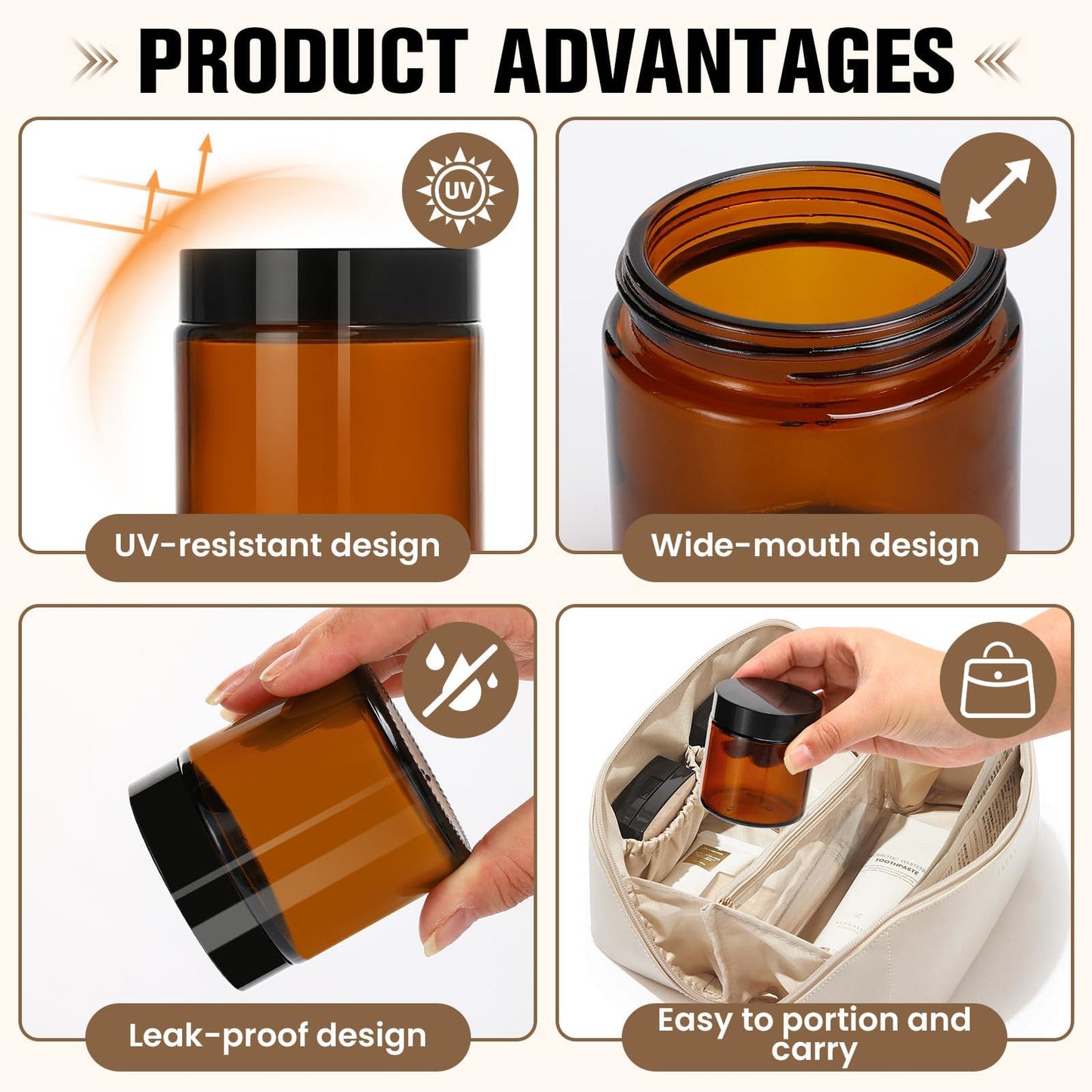 40 Pcs 2 oz Glass Jars with Lids, Amber Glass Jars with 40 Labels & 10 Spatulas, Inner Liners, LeakProof, UV-Protective,Round Glass Containers for Essential Oils, Spices, Candle Making,DIY
