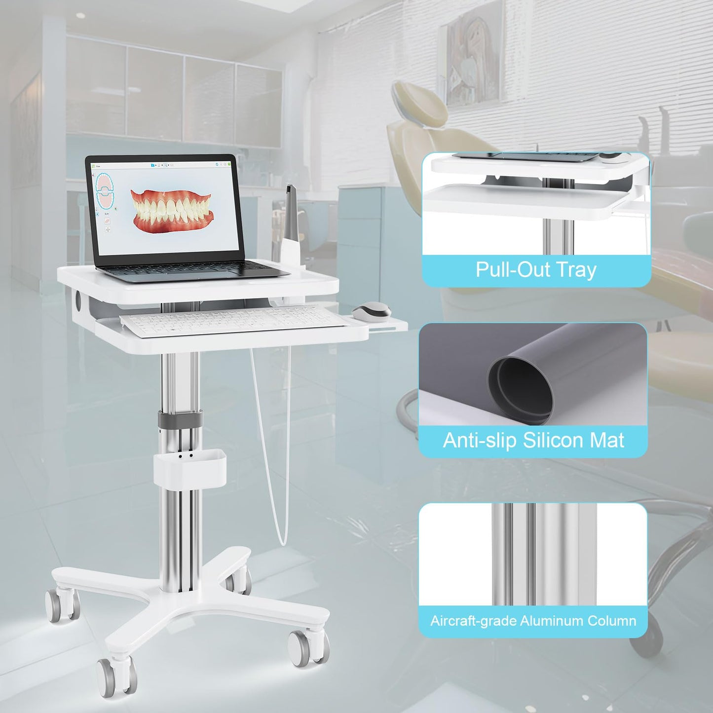 Medical Cart Height Adjustable Rolling Trolley with Oral Scanner Holder & Laptop Tray, for Dental Clinic, Hospital & Beauty Salon