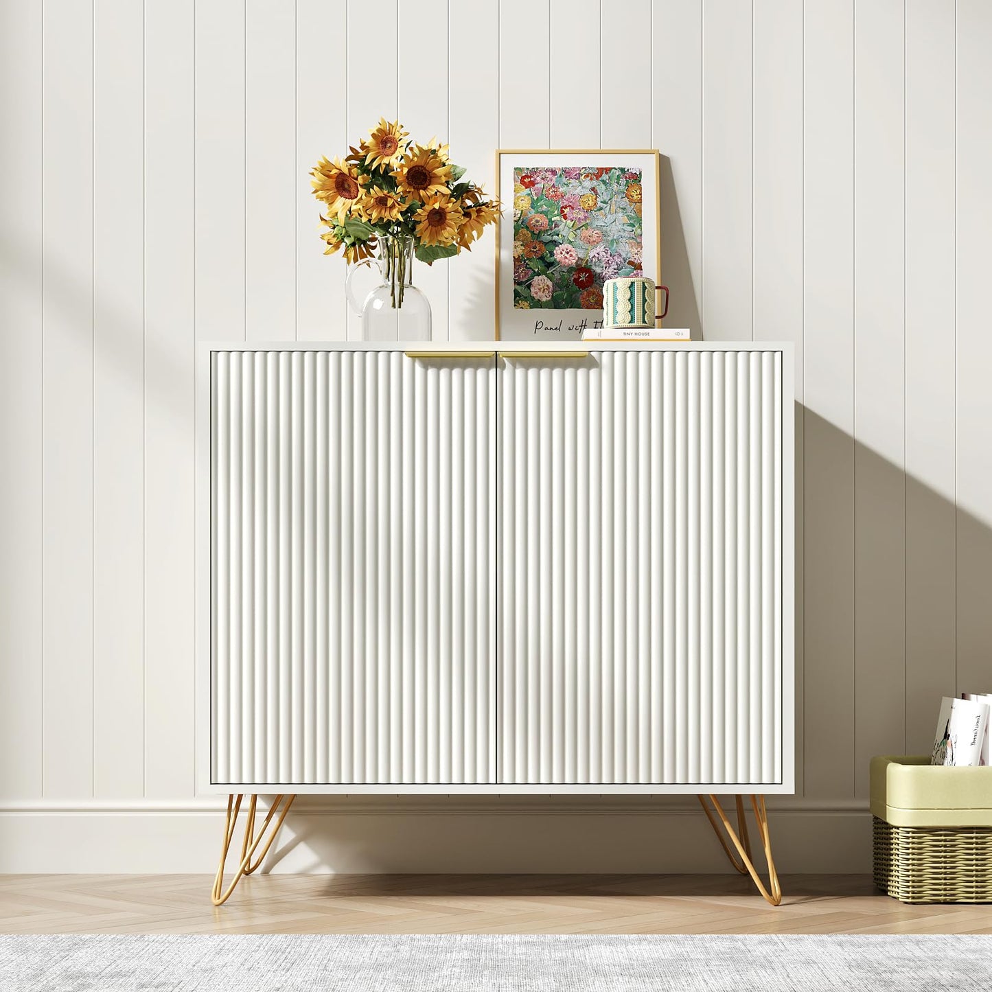 NOVAMAISON White Buffet Cabinet with Storage - Fluted White and Gold Cabinets with 2 Doors and Adjustable Shelf, Modern Accent Cabinet Console Coffee Bar Table for Kitchen, Entryway, Office