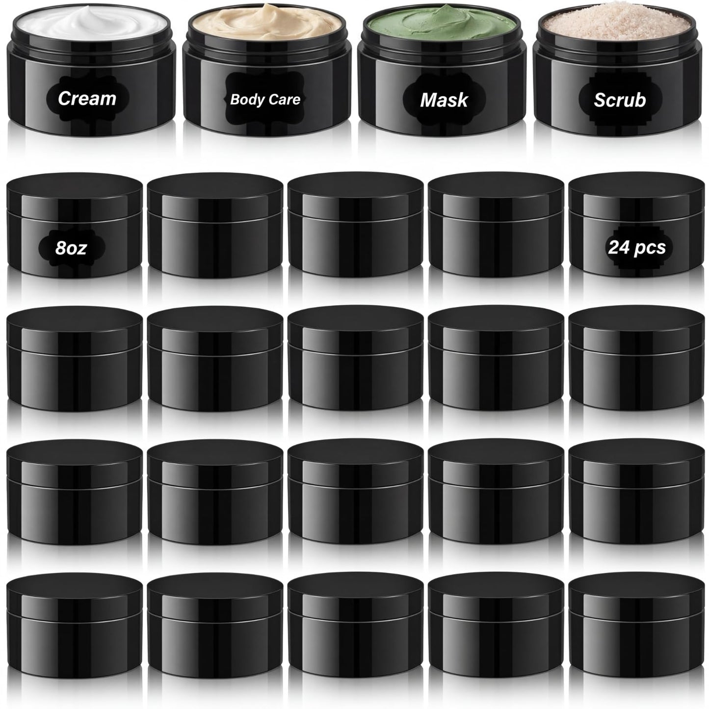 Dandat 24 Pcs 8 oz Plastic Jar Container with Lid and Label Refillable Empty Round Black PET Cosmetic Sample Slime Containers for Lotion, Cream, Ointments, Body Butter, Makeup, Travel Storage