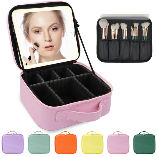 MORMID Makeup Bag with Led Mirror,Large Vanity Makeup Cases with 3 Color Setting,Portable Storage and Adjustable Dividers,for Women and Makeup Artists Cosmetic Organizer Travel Makeup Bag-Light Pink