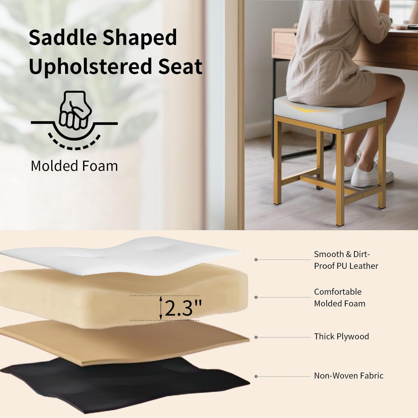 FLYZC Saddle Seat Vanity Stool, Makeup Stool Chair with Metal Leg, U-Shaped PU Leather Ottoman Foot Rest, Small Square Chairs Under Desk for Vanity, Living Room, Modern Makeup Bench White&Gold