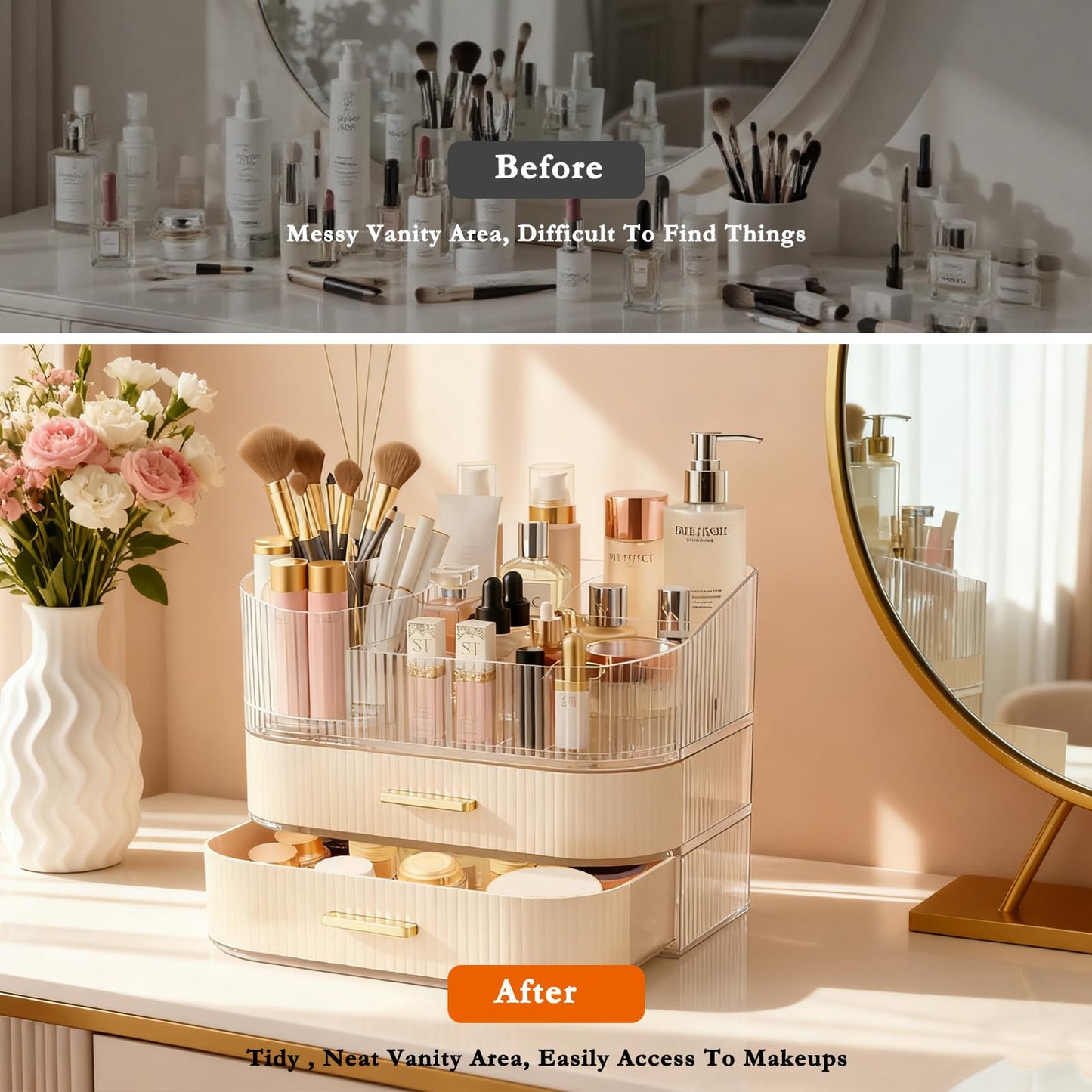 Makeup Organizer for Vanity with Stackable Drawers, 360 Rotating Makeup Brush Holder Large Cosmetic Display Case for Dresser, Bathroom Countertop Skincare Storage, Ideal Gift for Girls (3-layer)