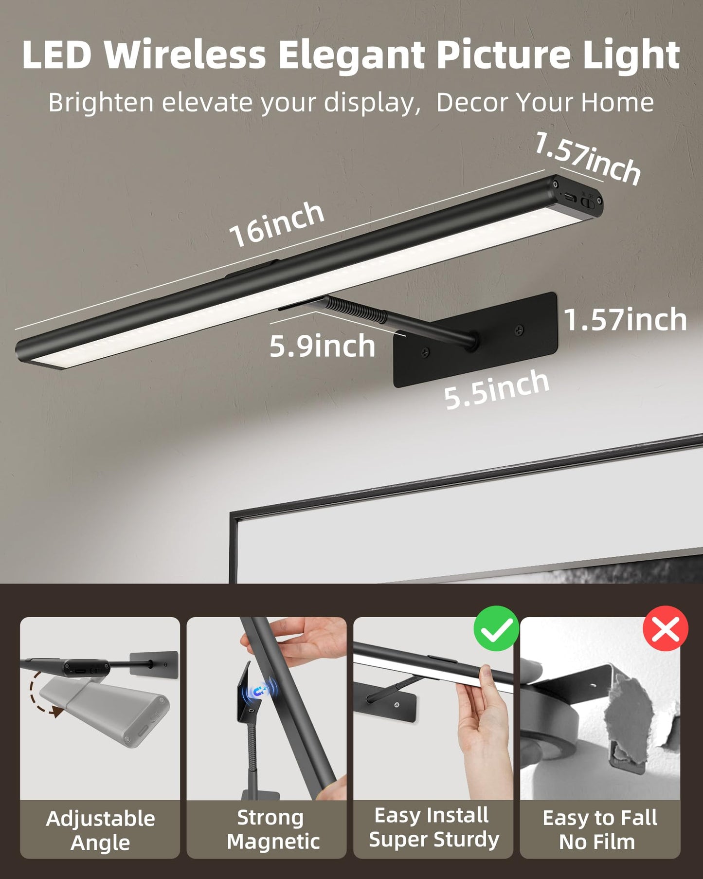 EZVALO Picture Light for Wall, 4800mAh 16'' Rechargeable Wireless IR Remote Built in Battery Lights for Painting, Dimmable Magnetic LED Art Display Light, Colors Temperatures, for Gallery, Living Room