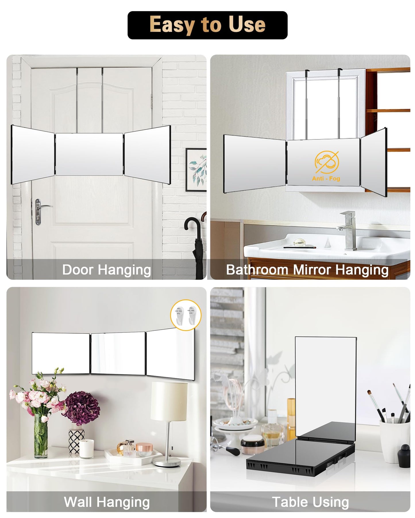 JUSRON 360 Viewing Angle Self Hair Cutting Mirror, Clear Anti-Fog HD Glass (Black Without LED Without Accessories)