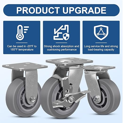 5 Inch Rubber Wheels (Flat Tread)- Heavy Duty Casters, Industrial Caster Wheels- with up to 800 LB Capacity- Use for Dollies, Utility and Maintenance Carts(12 Brake)