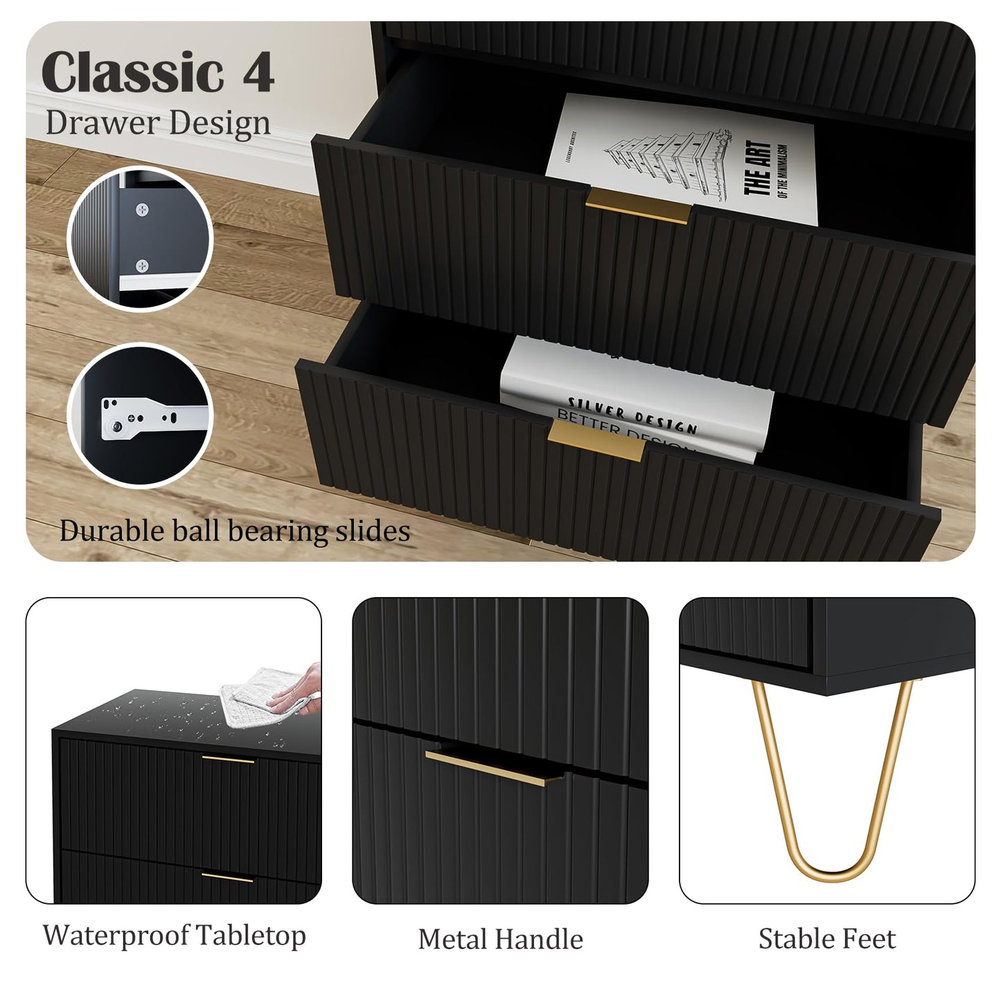 Masupu 4 Drawer Dresser, Drawer Chest, Tall Storage Chest Cabinet Organizer Unit with Metal Legs, Small Dresser for Bedroom, Living Room, Closet, Hallway Black Stripe