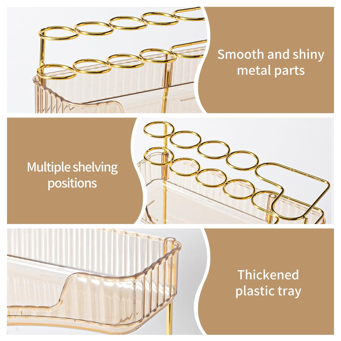 NATURE'S SOURCE Makeup Organizer for Vanity, 3-Tier Corner Bathroom Organizer Countertop with Makeup Brush Holder, Bathroom Counter Storage for Dresser-Amber Gold