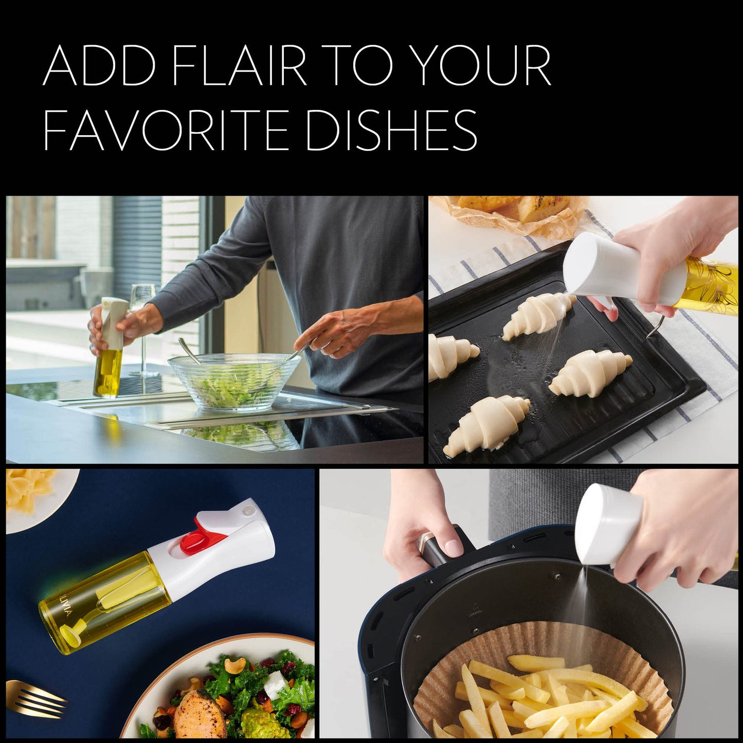 OLIVIA SIGNATURE Advanced Kitchen Oil Sprayer with Flairosol Technology, Fine Mist & Portion Control, Refillable Glass Olive Oil Cooking Spray Bottle for Air Fryer, Salad, BBQ, 130ml (White Print)