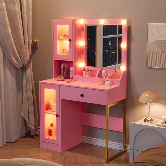 Makeup Vanity Desk with Mirror and Lights, Vanity Table with Charging Station, RGB Lights Wood Dressing Table for Bedroom, for Girls