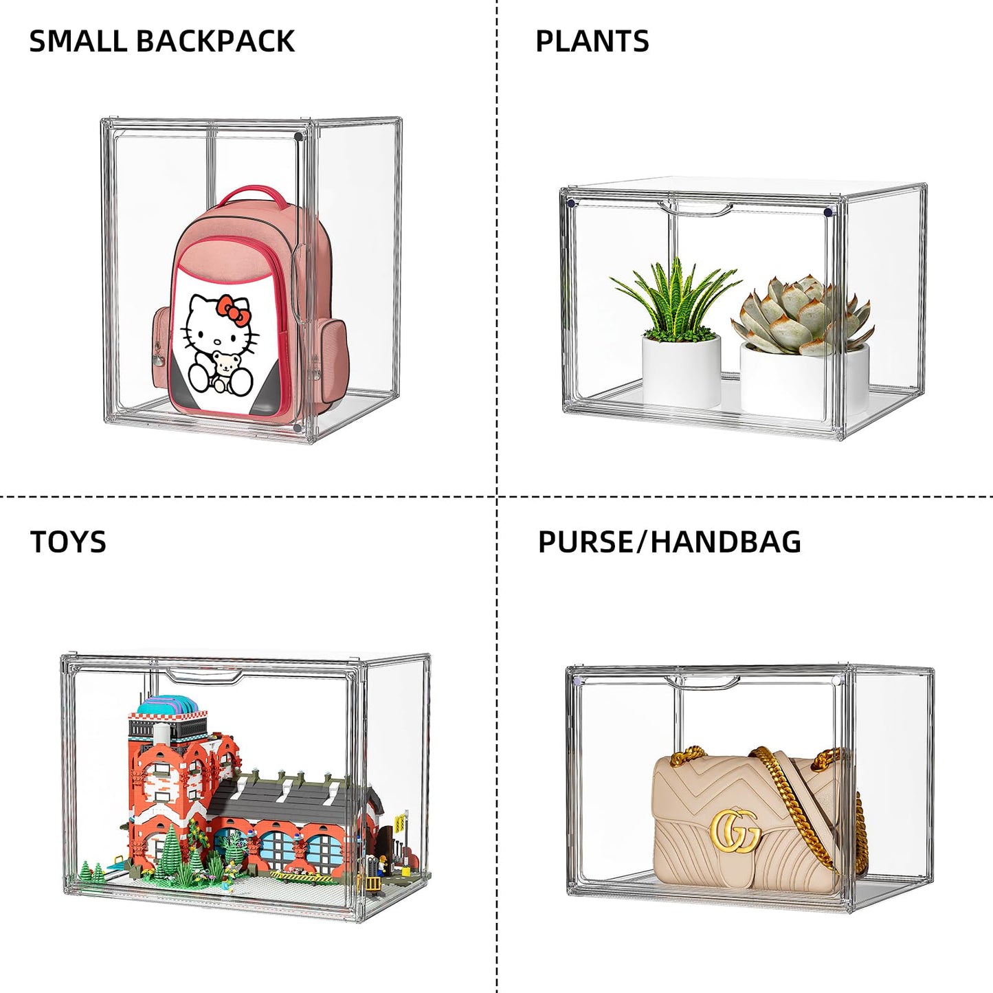 MSHOMELY Purse Organizer for Closet, 3 Pack Handbag Storage Organizer, Clear Acrylic Display Case for Collectibles, Stackable Bag Organizer with Magnetic Door for Wallet, Clutch, Figure, Toys