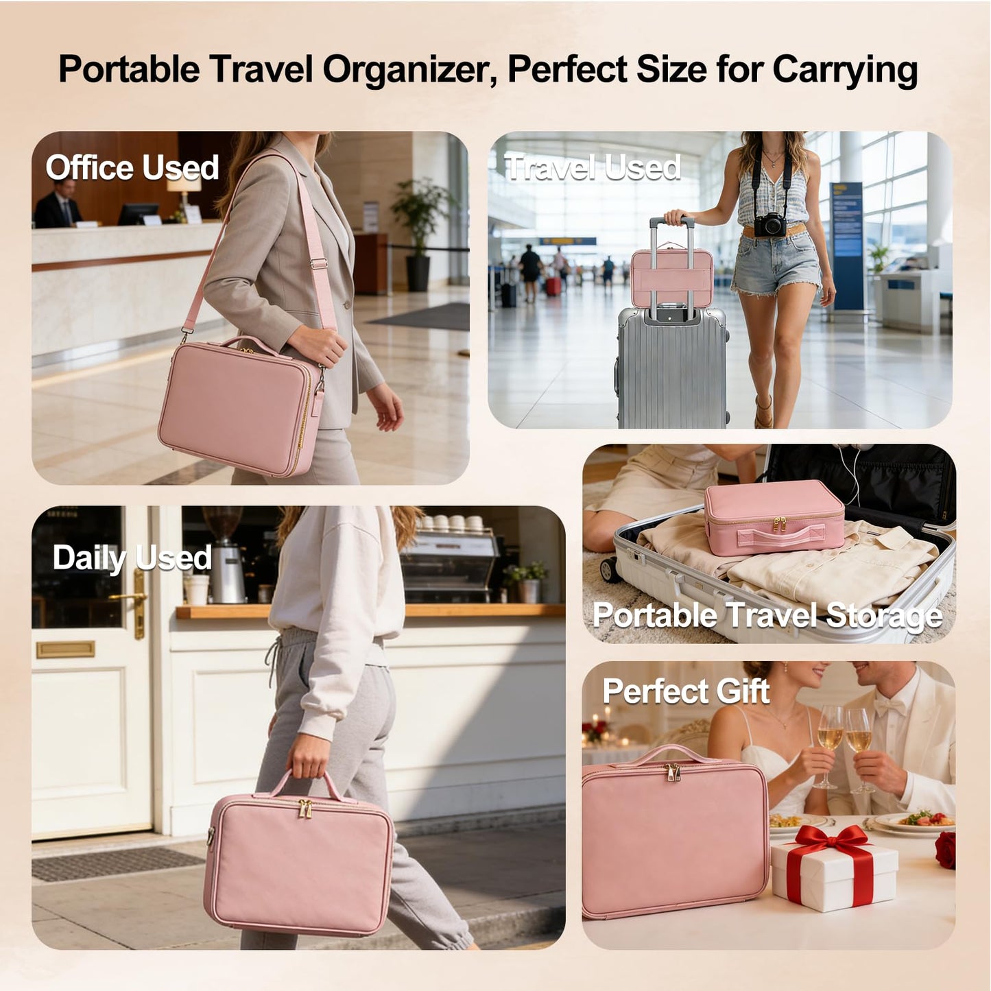 Travel Makeup Bag with Brush Holder, Professional Cosmetic Train Case Organizer, Portable Travel Makeup Brush Carry Case Artist Storage Box with Adjustable Dividers and Shoulder Strap, Leather Pink