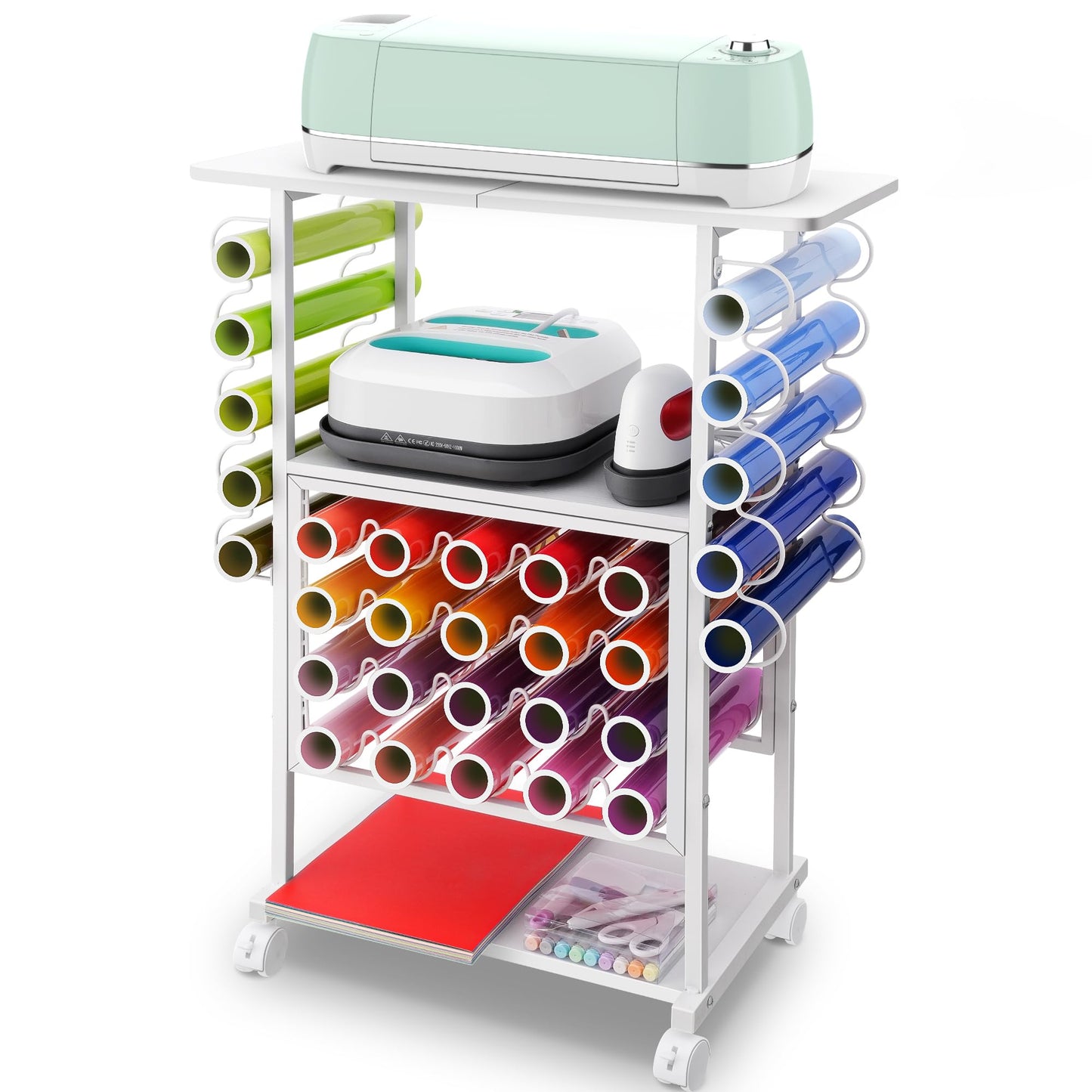 30 Vinyl Roll Holders for Cricut Cart, Organization and Storage Compatible with Cricut Maker Machine, Crafting Table Organization Workstation for Craft Room, 3 Tier Rolling Craft Cart for Small Spaces