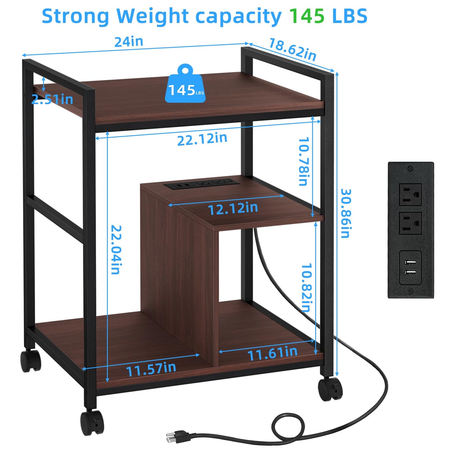 Lerliuo 24" Wide Large Printer Stand with Storage, Printer Table for Home Office with Charging Station, Rolling Industrial Mobile Printer Cart with Lockable Wheels, Computer Tower Stand, Walnut