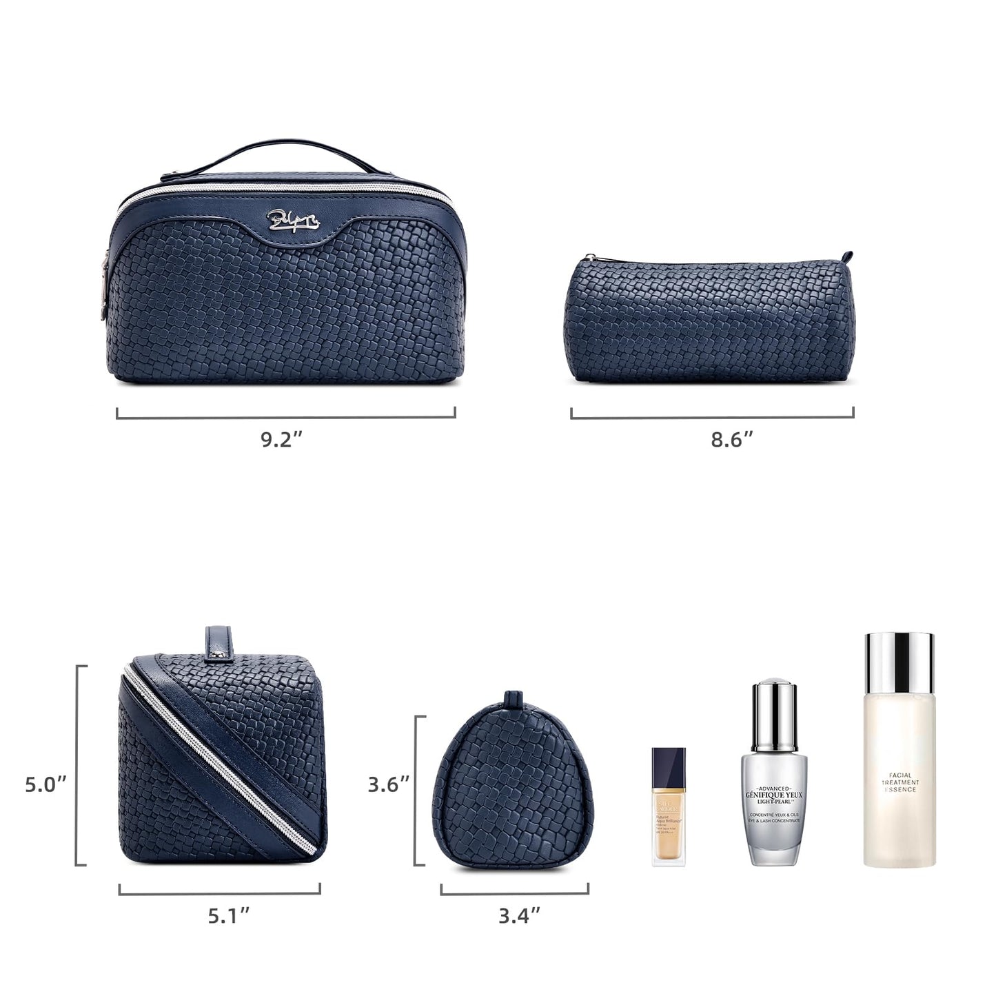 BOYATU Travel Makeup Bag Cosmetic Bags for Women: Large Capacity 3 Pcs Set Make up Bag with Compartments - Waterproof Vegan Leather Toiletry Organizer Bags with Handle (L40 Blue)