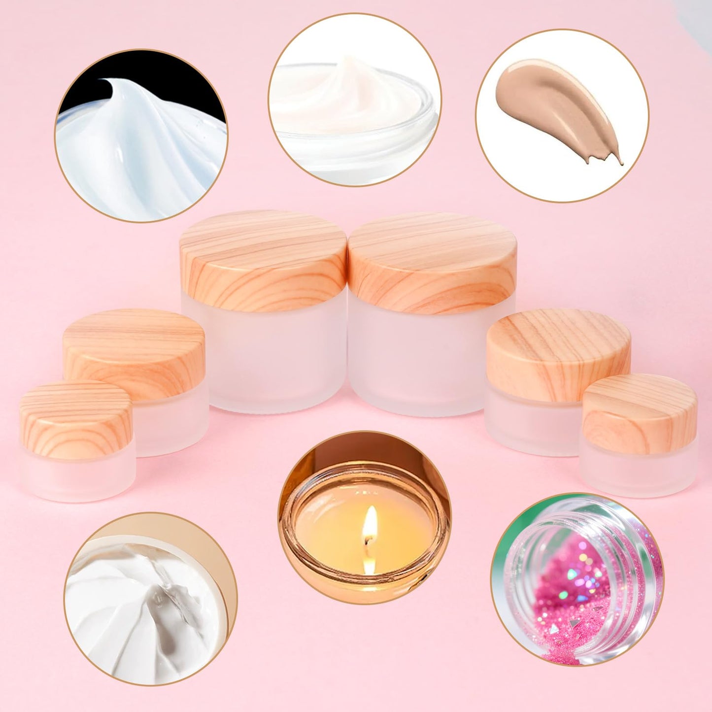 Miayon 6Pcs Glass Lotion Cream Container with Lid Refillable Empty Sample Cosmetic Jar for Makeup Scrub Cream Toiletries Home Travel (60ml)