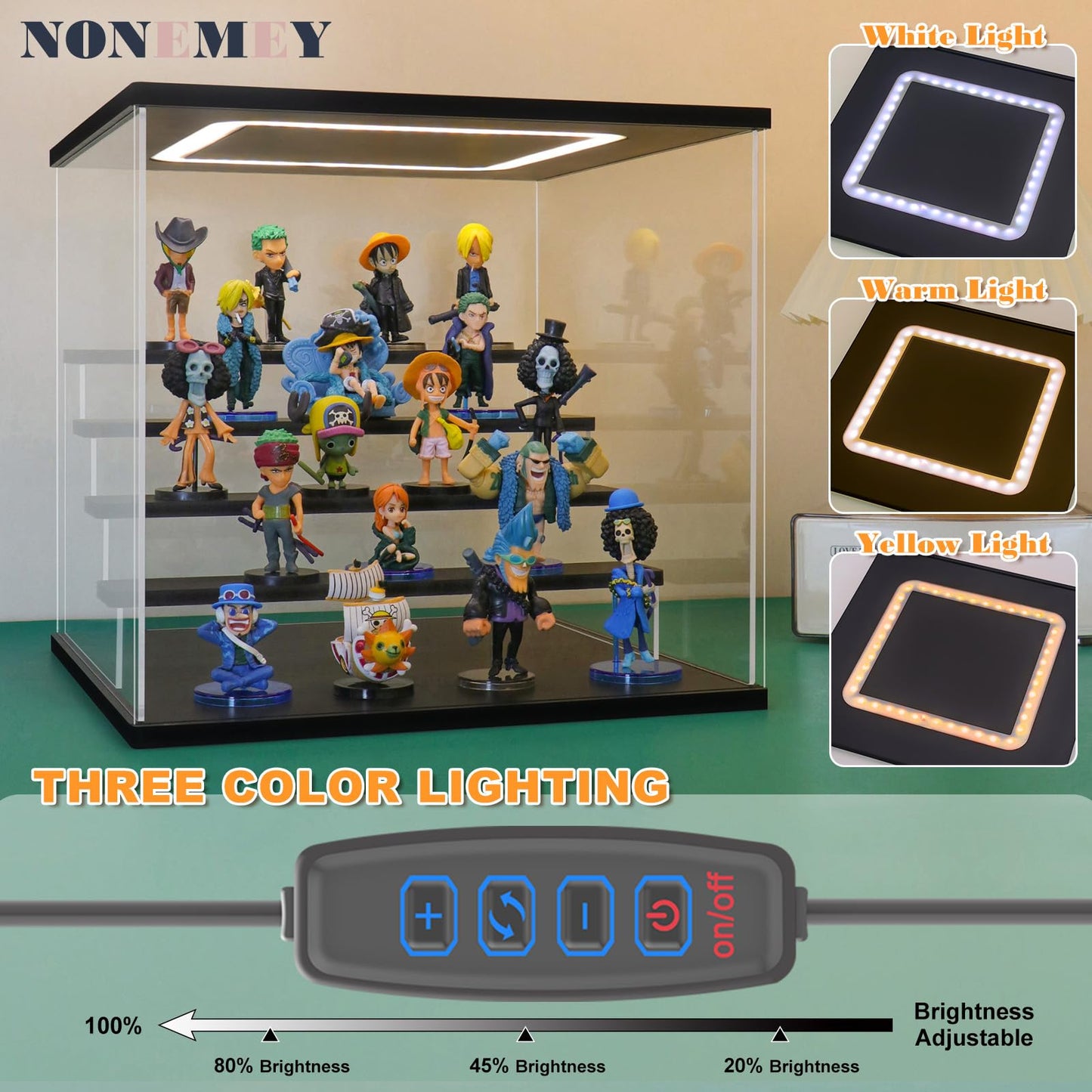 NONEMEY Acrylic Display Case with Light, Upgraded 3 Color Light & Adjustable Brightness Showcase,5 Tier Dustproof Clear Toy Organizer Box for Action Figures, Collectibles, 12.4x12.2x12 In