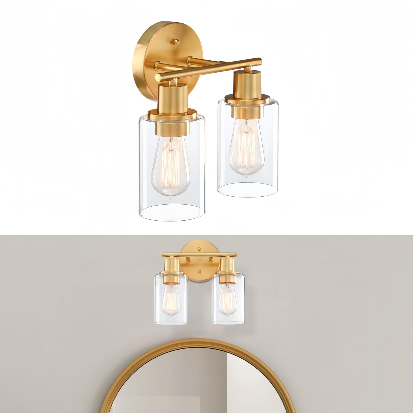 WISBEAM 2-Light Bathroom Vanity Light, Gold Bathroom Light Fixture Over Mirror with Clear Glass Shade Including E26 Medium Base, Bulb NOT Included, Brass Vanity Light Fixture