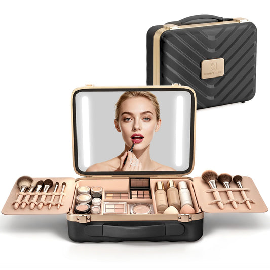 EASYINBEAUTY Makeup Travel Case with LED Lighted Mirror, Lightweight Travel Makeup Organizer Case with Adjustable 3 Color Modes, Portable Makeup Storage Box for Girls, Women & Makeup Artist, Black
