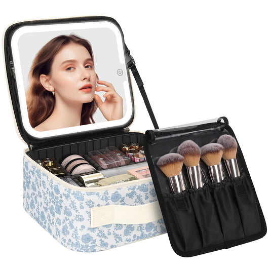 Chomeiu Makeup Bag with LED Mirror, Travel Cosmetic Bags for Women Girls Portable Train Case Makeup Artists Storage Organizer Box with Light Up Mirror 3 Color Lights, Floral Print