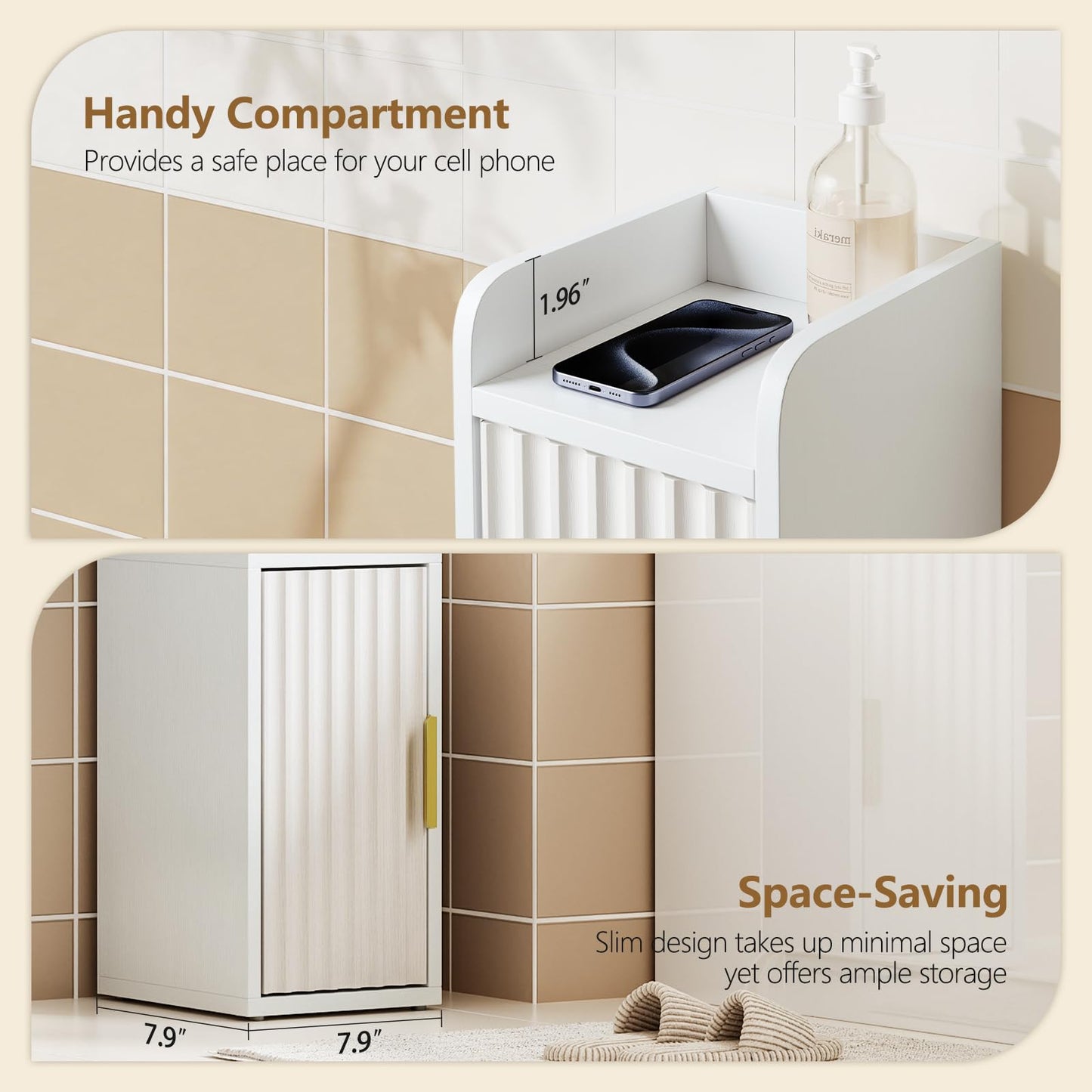 Yoobure Small Bathroom Storage Cabinet - Corner Floor Cabinet with 2 Doors & Adjustable Shelves, Narrow Slim Toilet Paper Cabinets, Skinny Bathroom Organizer for Small Space, 7.9" D x 7.9" W, White