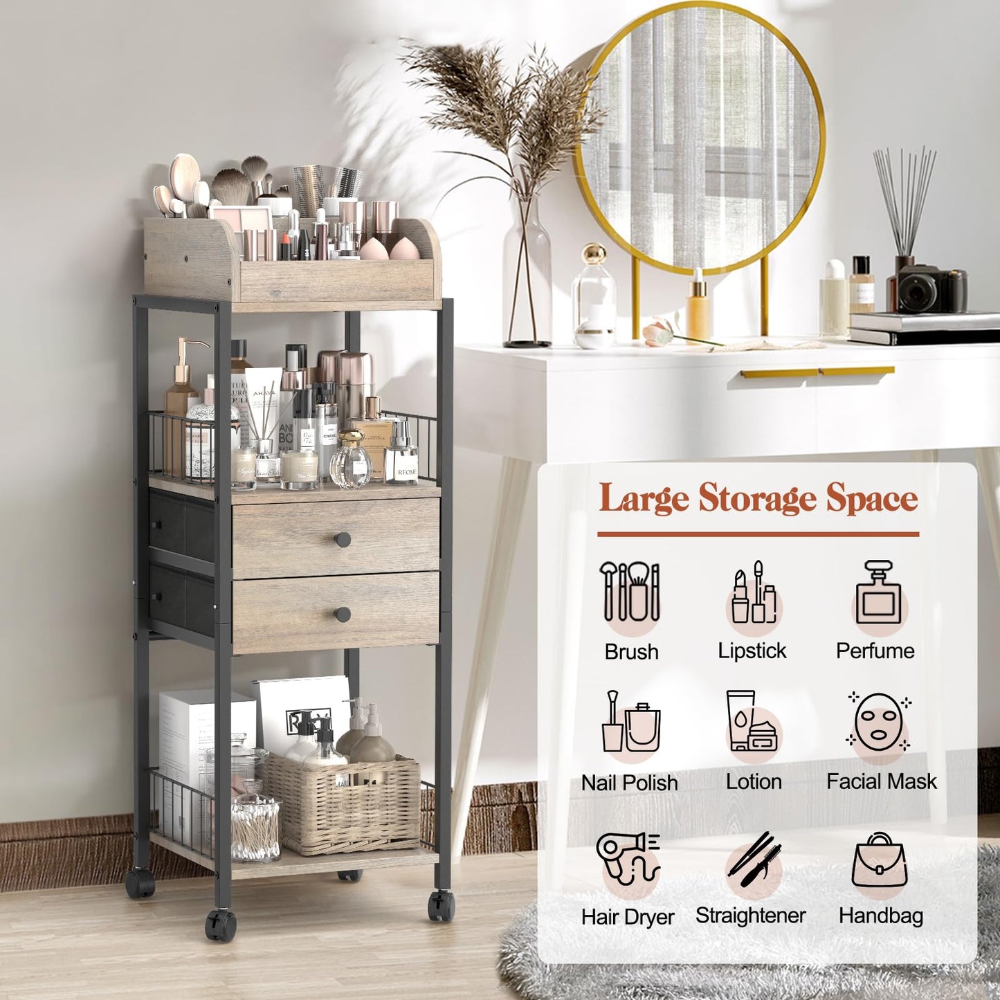 Makeup Organizer, Floor Skincare Organizers Make Up Organizers and Storage with Drawers, Vanity Organizer Cosmetics Display Cases Holder for Skin Care Nail Polish Perfume Black