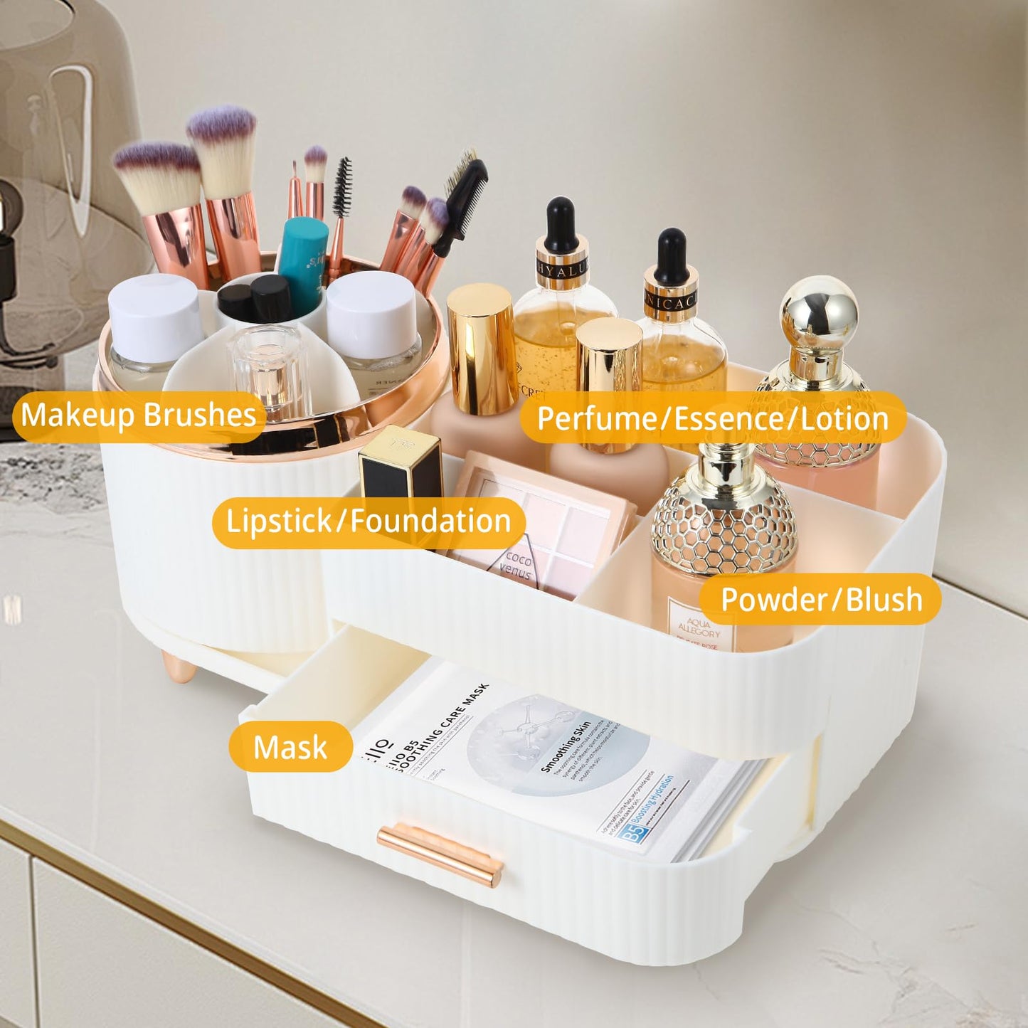 Zufudo Makeup Organizer Countertop with Drawer 360 Rotating Brush Holder Storage Large Capacity Skincare Cosmetic Display Cases for Vanity Bathroom Desktop, Model 3016 White