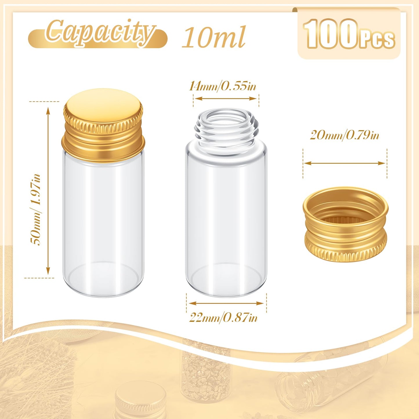Didaey 100 Pcs Small Clear Vials Spice Mini Jars with Lids Mini Glass Bottles with Screw Aluminum Metal Caps Tiny Jars Sample Containers for Powder Cream Cosmetic Jewelry Wedding (10 ml,Gold Caps)