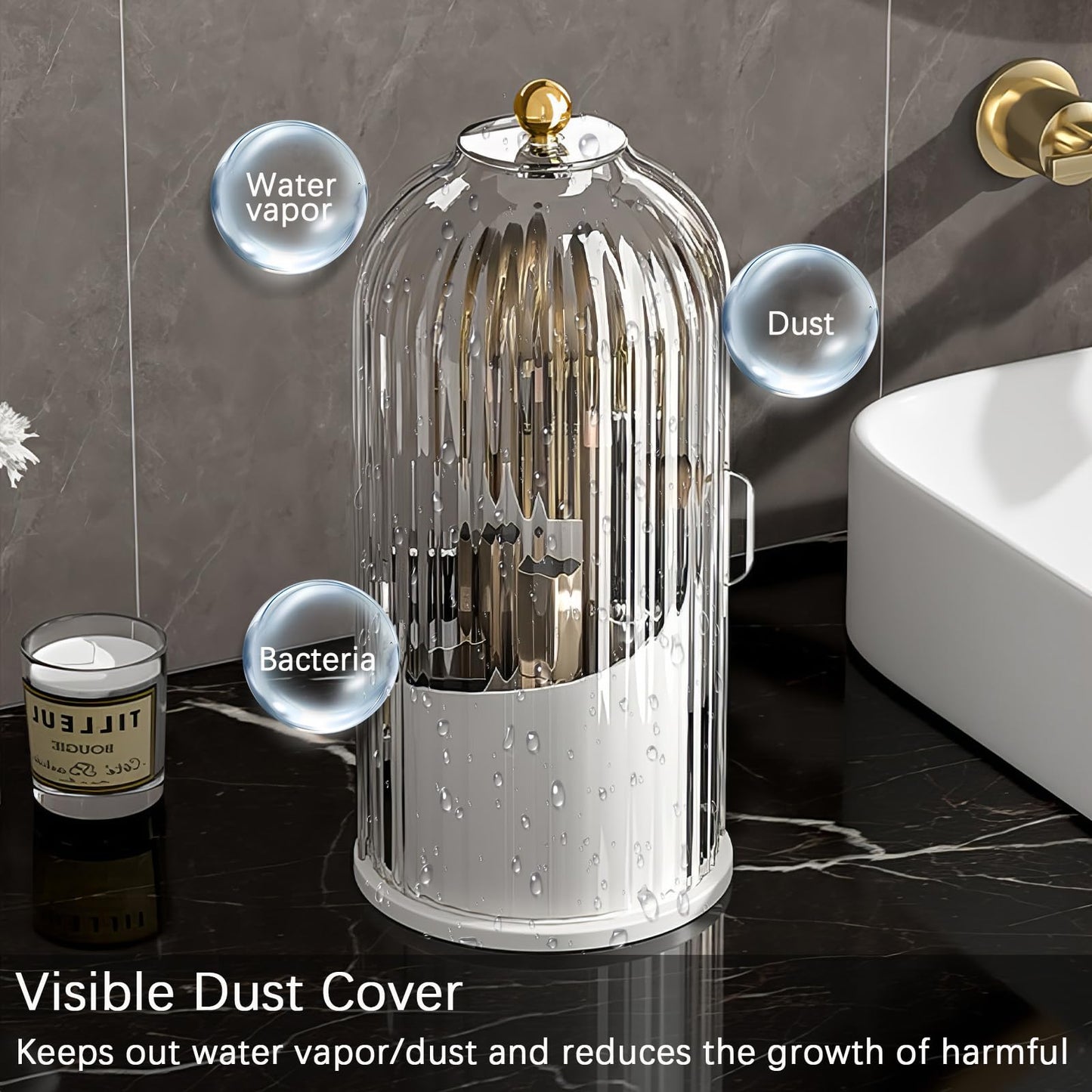 Wekity Toothbrush Holder with Sliding Lid, 360° Rotating Makeup Brush Storage Rack - Waterproof and Dustproof, Toothbrush Toothpaste Holder Beauty Brush Bathroom Counter Holder Sink Organizer (Grey)